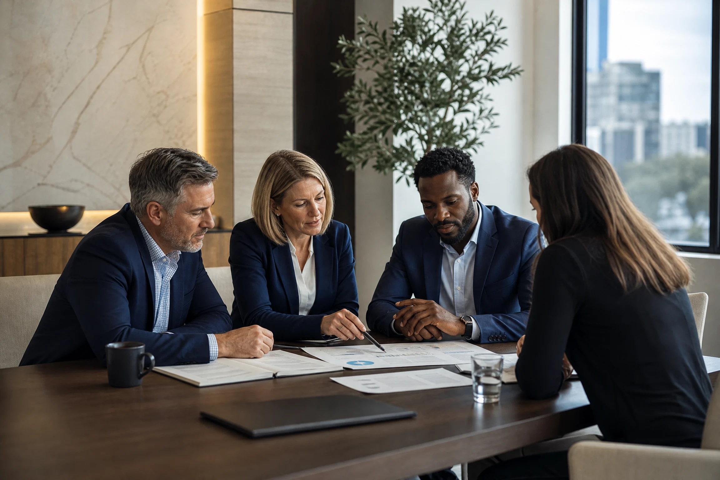 Business owners and advisors reviewing a strategic plan
